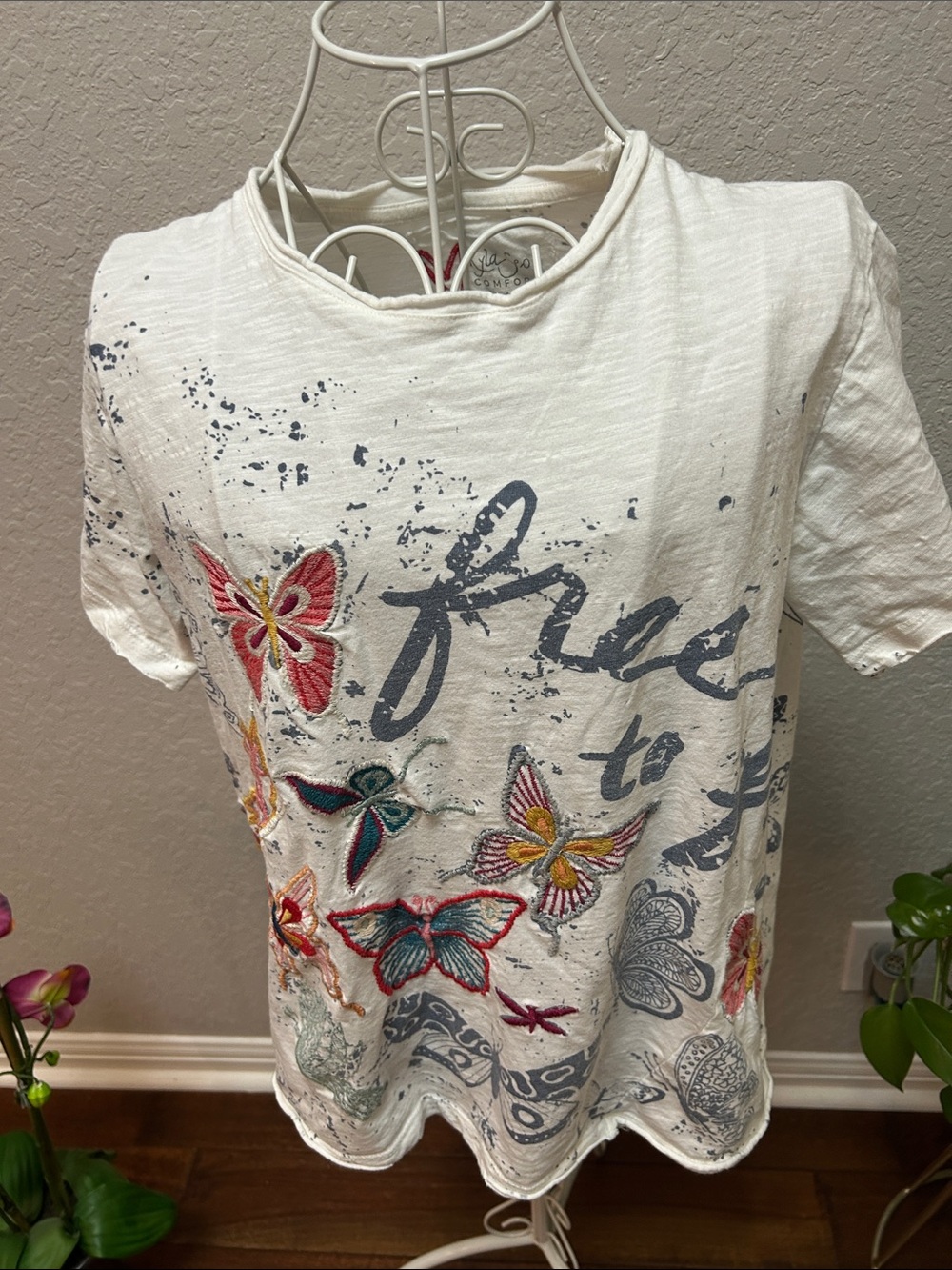 Women’s White Embroidered Butterfly Graphic Tee by Kyla Seo XS